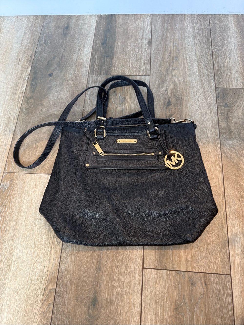 Michael Kors Black Leather Tote with Gold Accents and Logo Charm